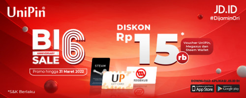 BIG6 Anniversary Sale JDID – Promo Diskon Voucher UniPin dan Voucher Games hingga Rp15.000